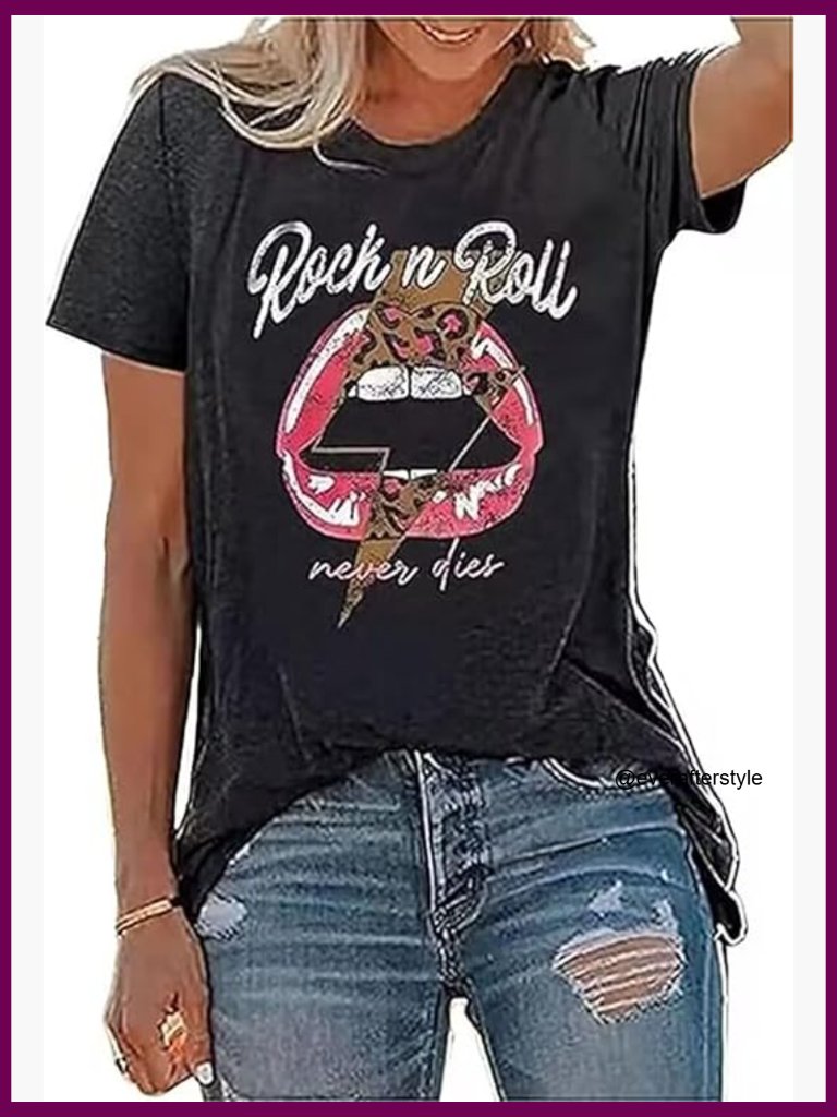 Vintage Graphic Rock Concert Cotton Blend T-Shirt Short Sleeve Regular Fit